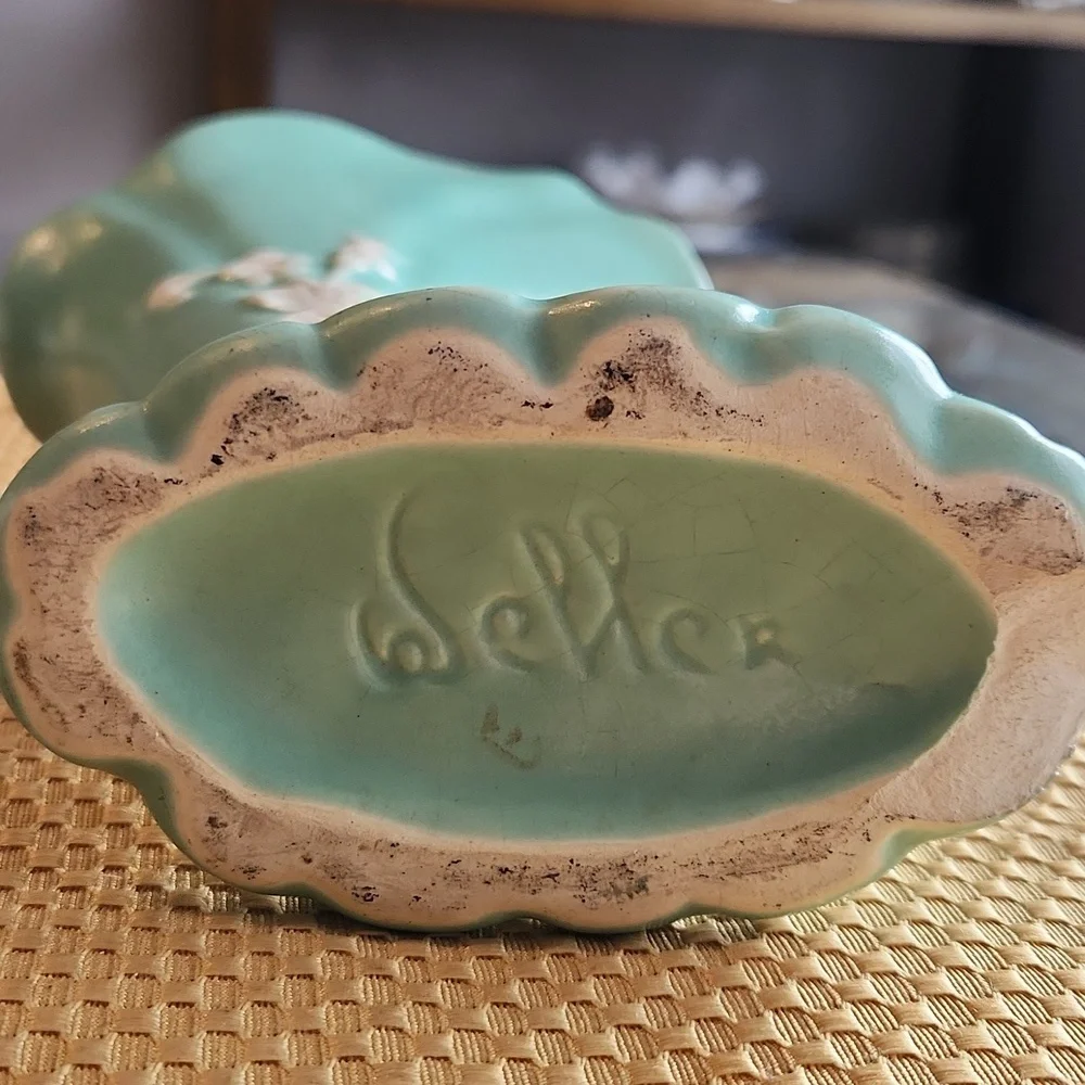Vintage Weller Pottery Matte Green Cornucopia Vase Wild Rose Mcm